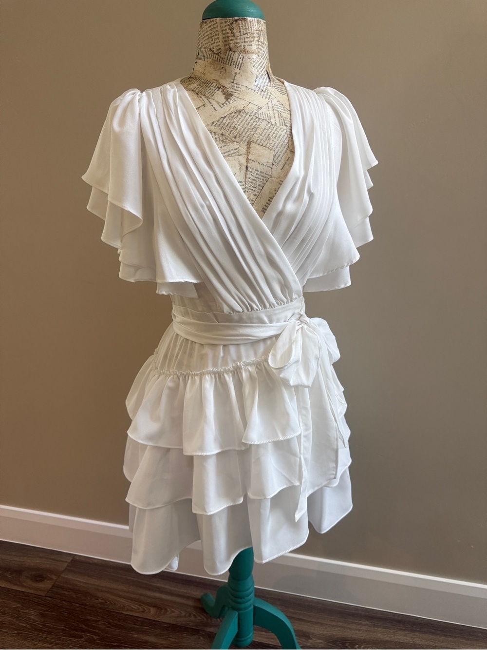 Double Zero White Tiered Ruffle Wrap Dress